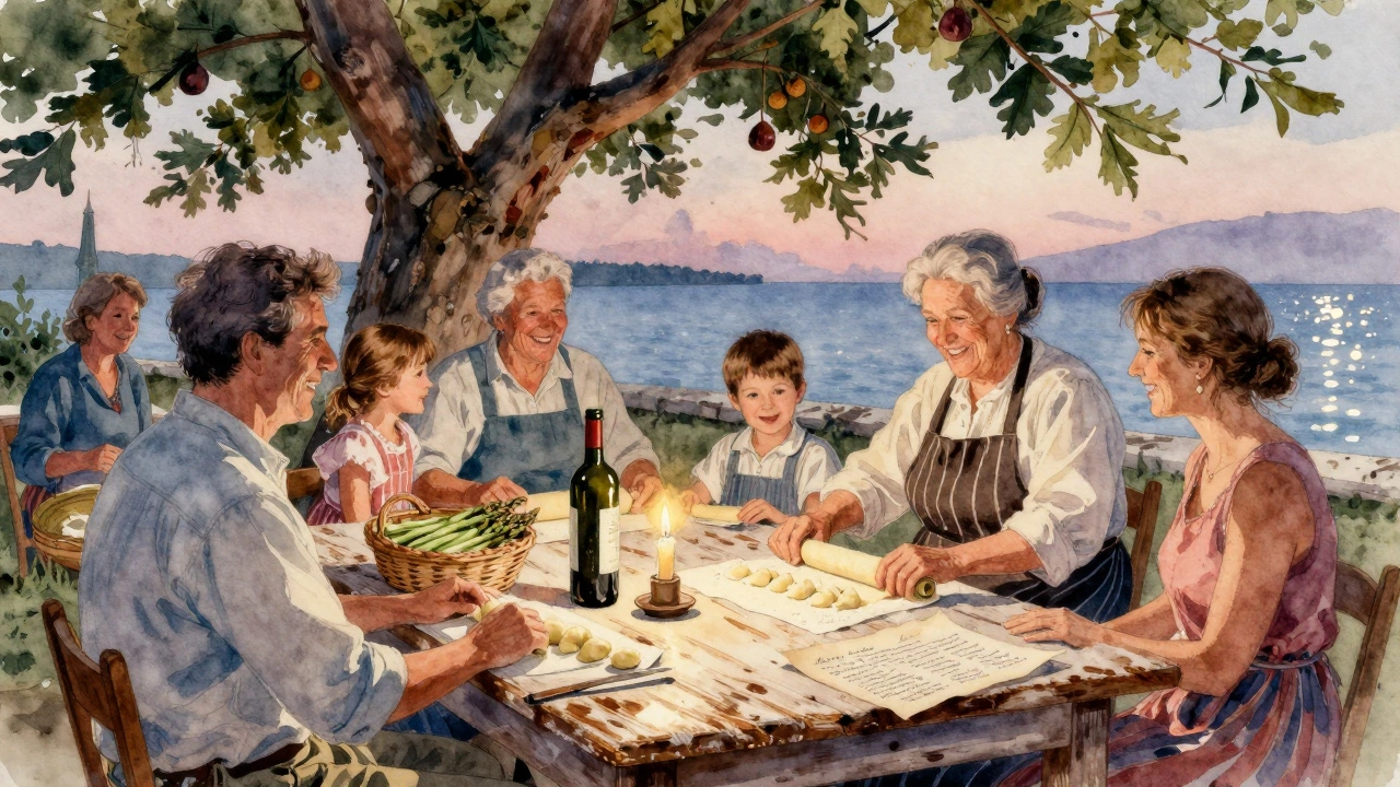 A family cooks gnocchi together under a fig tree in Istria, with wine and wild asparagus on a wooden table at dusk.
