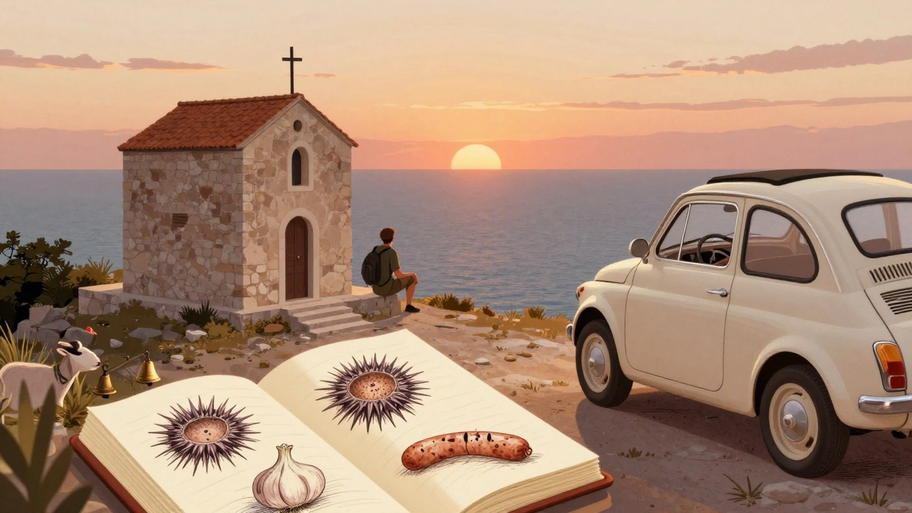 A traveler sits alone on a cliffside chapel step at sunset, journal open, as a goat bell chimes in the distance.