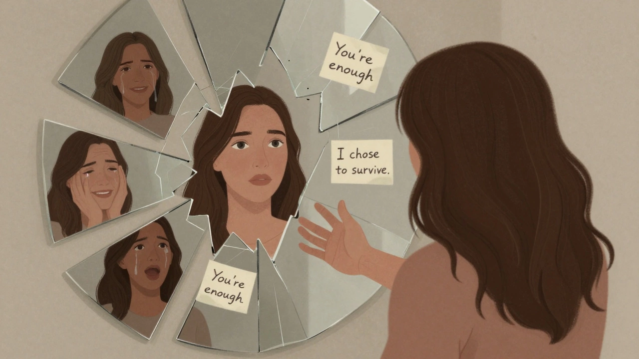 A woman stands before a broken mirror, each shard reflecting a different emotion as she reaches toward her true self.