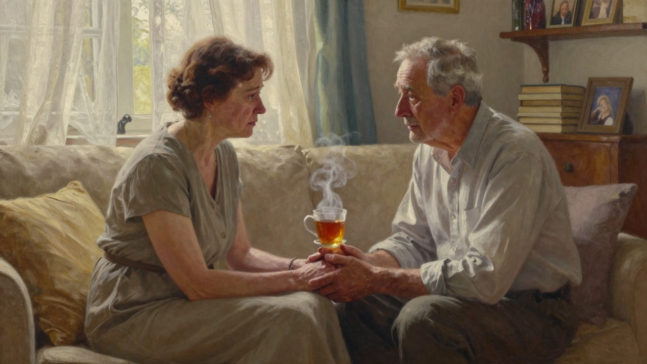 An older woman gently holds the hand of an elderly man in a quiet room, sharing a moment of silent comfort.